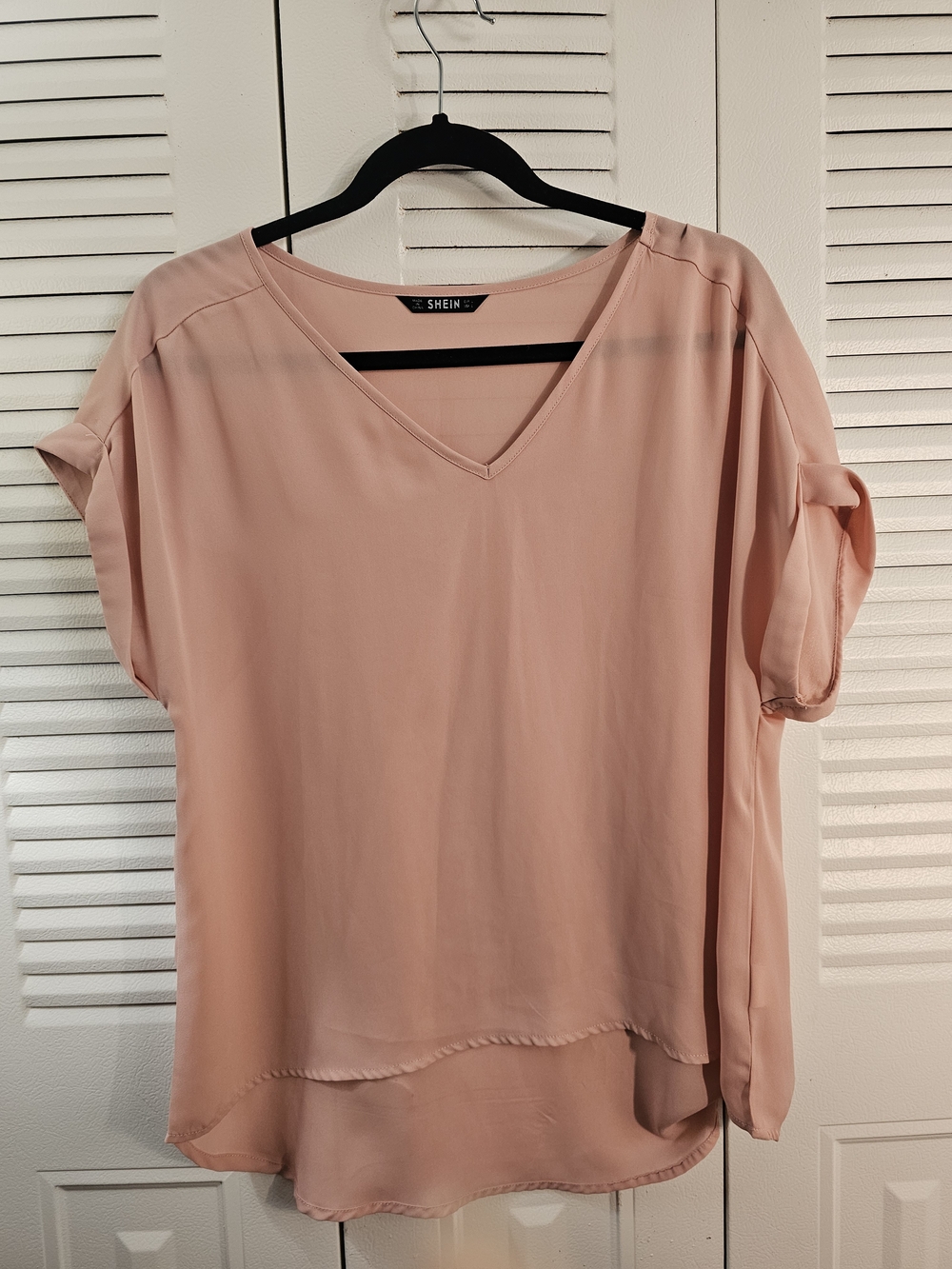 SHEIN Blush Pink V-Neck Rolled Sleeve Blouse